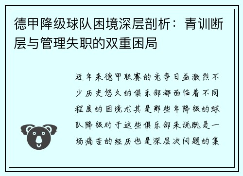 德甲降级球队困境深层剖析：青训断层与管理失职的双重困局