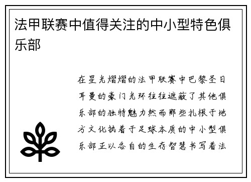法甲联赛中值得关注的中小型特色俱乐部