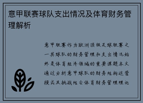 意甲联赛球队支出情况及体育财务管理解析
