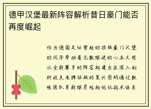 德甲汉堡最新阵容解析昔日豪门能否再度崛起